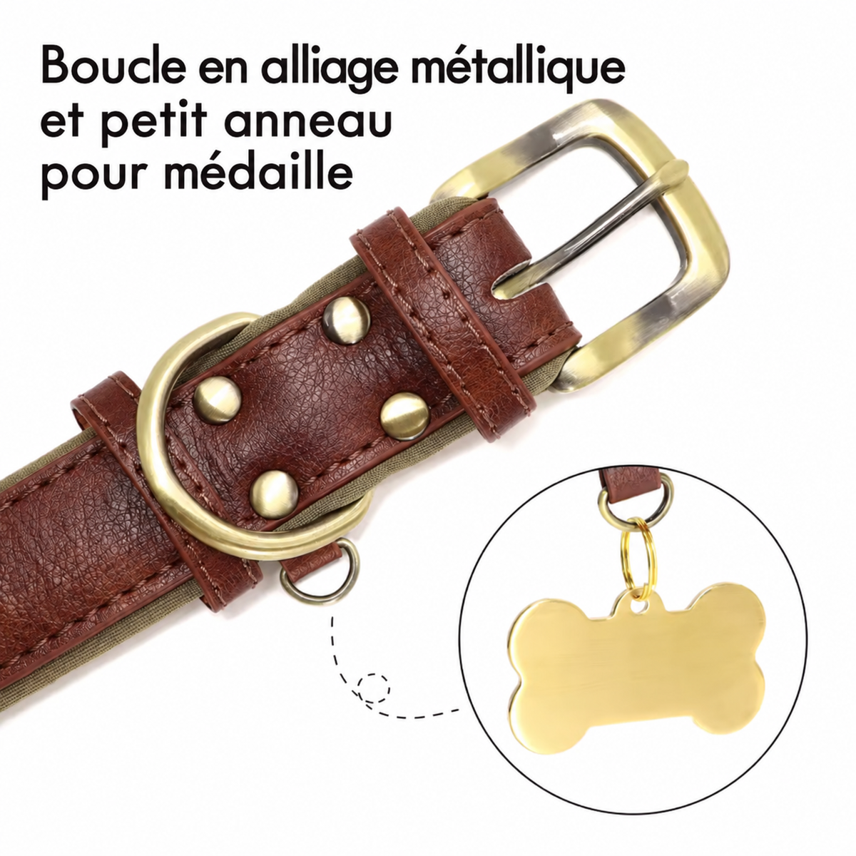Gros plan sur la boucle du collier et le petit anneau pour médaille