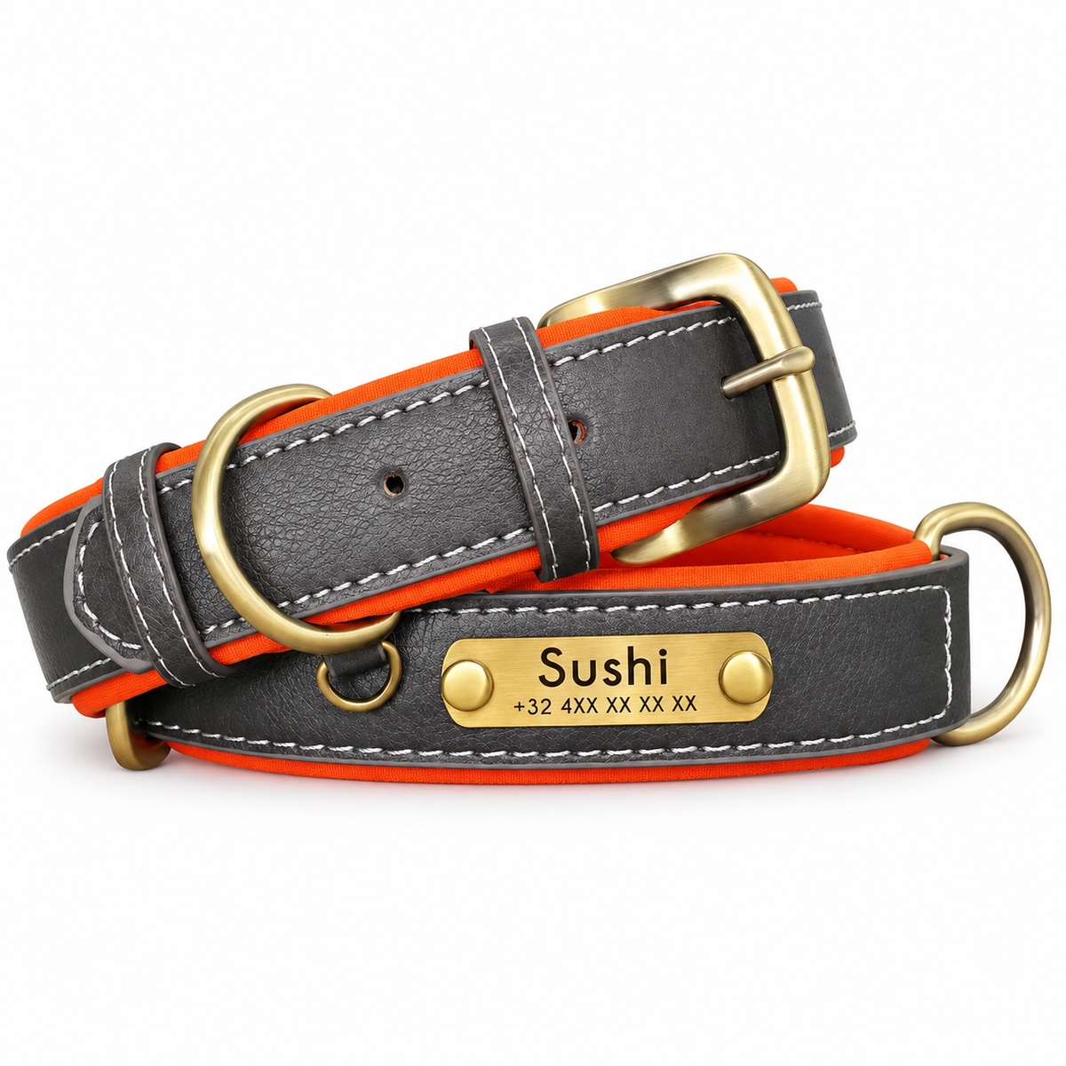 Collier personnalisé gris et orange avec plaque dorée gravée du prénom et du téléphone