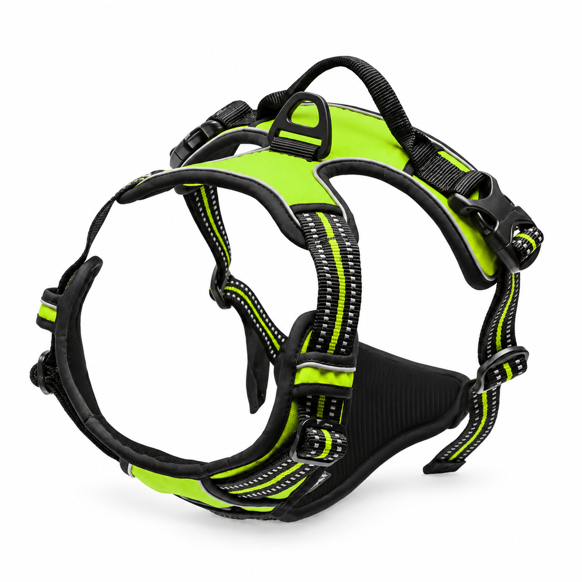 Harnais réglable vert fluo pour chien avec poignée et bandes réfléchissantes