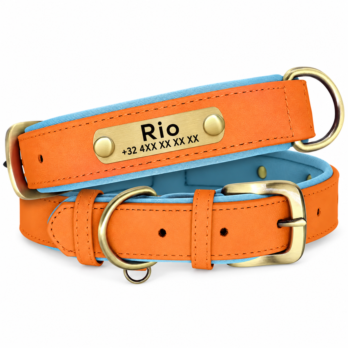 Collier personnalisé orange avec plaque dorée gravée du prénom et du téléphone