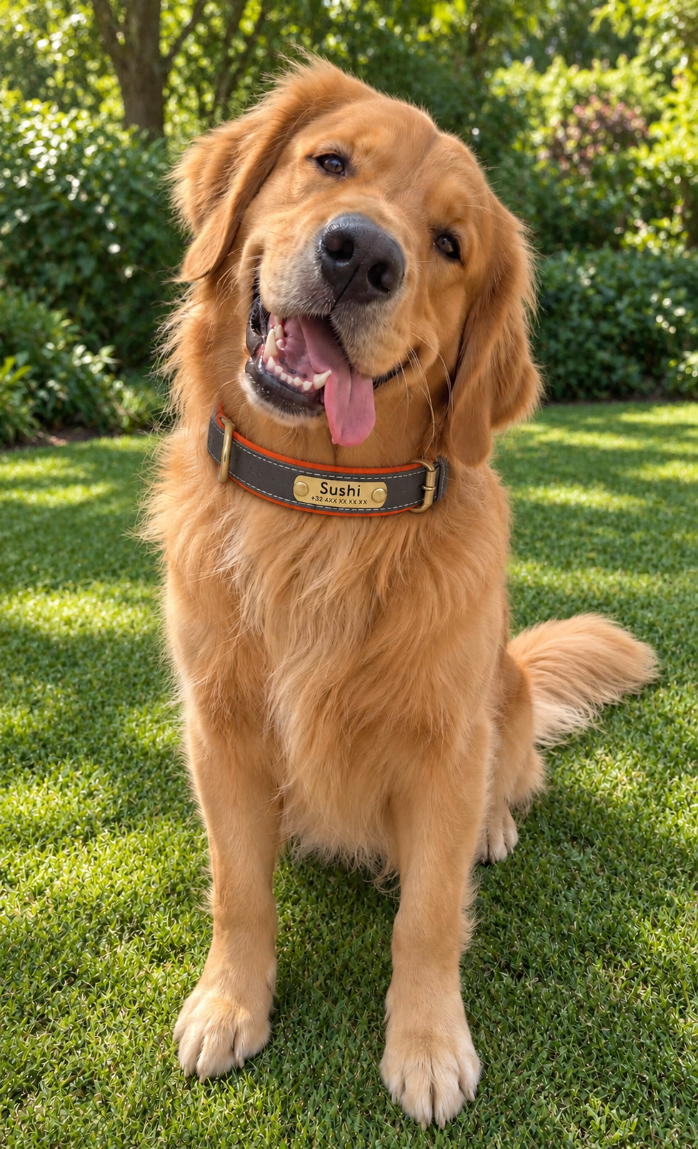 Golden retriever portant un collier personnalisé gris et orange avec plaque gravée