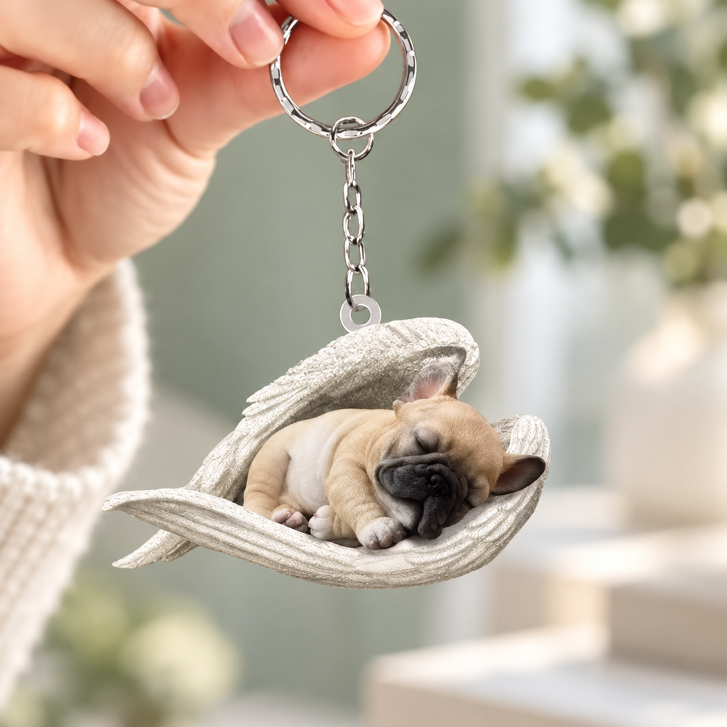 Visuel du porte-clés ange endormi, modèle bouledogue français, avec anneau métallique