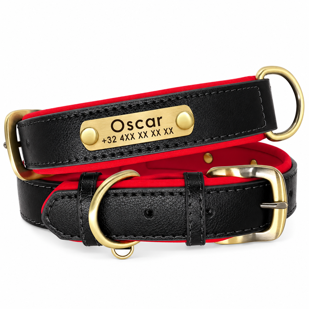 Collier personnalisé noir et rouge avec plaque dorée gravée du prénom et du téléphone