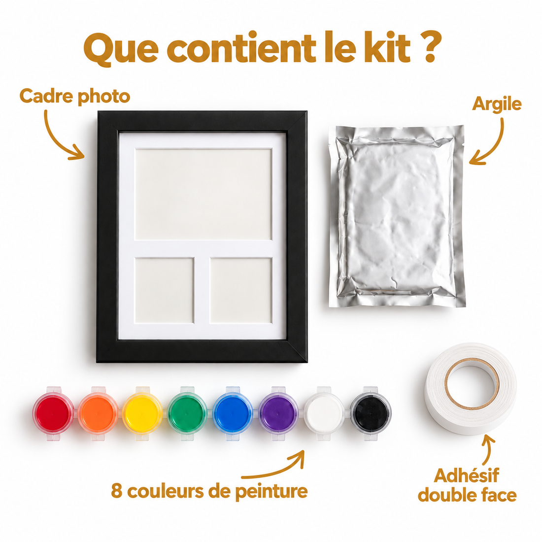Contenu du kit : cadre, argile, ruban adhésif et huit couleurs de peinture