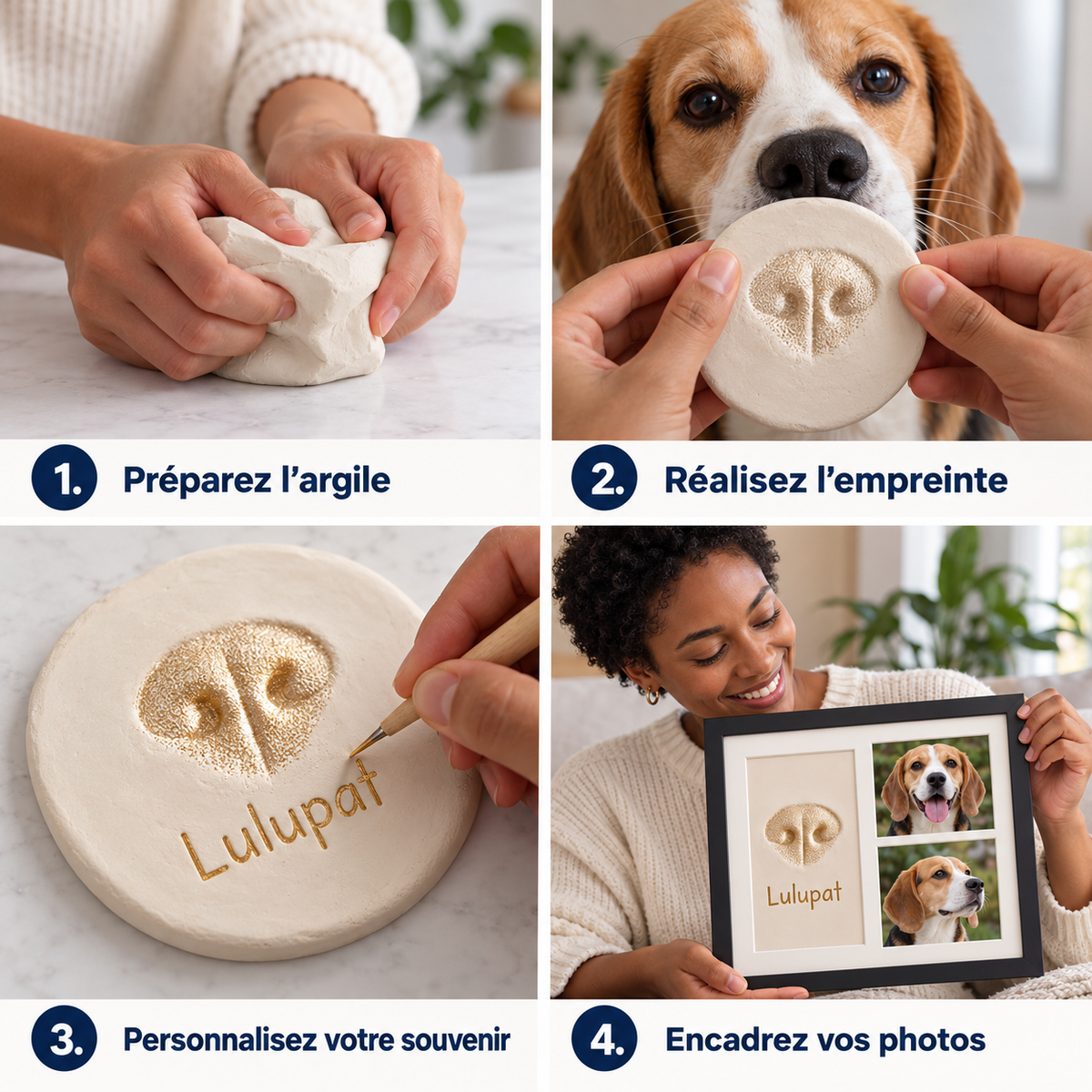 Les étapes illustrées pour créer et encadrer une empreinte de nez