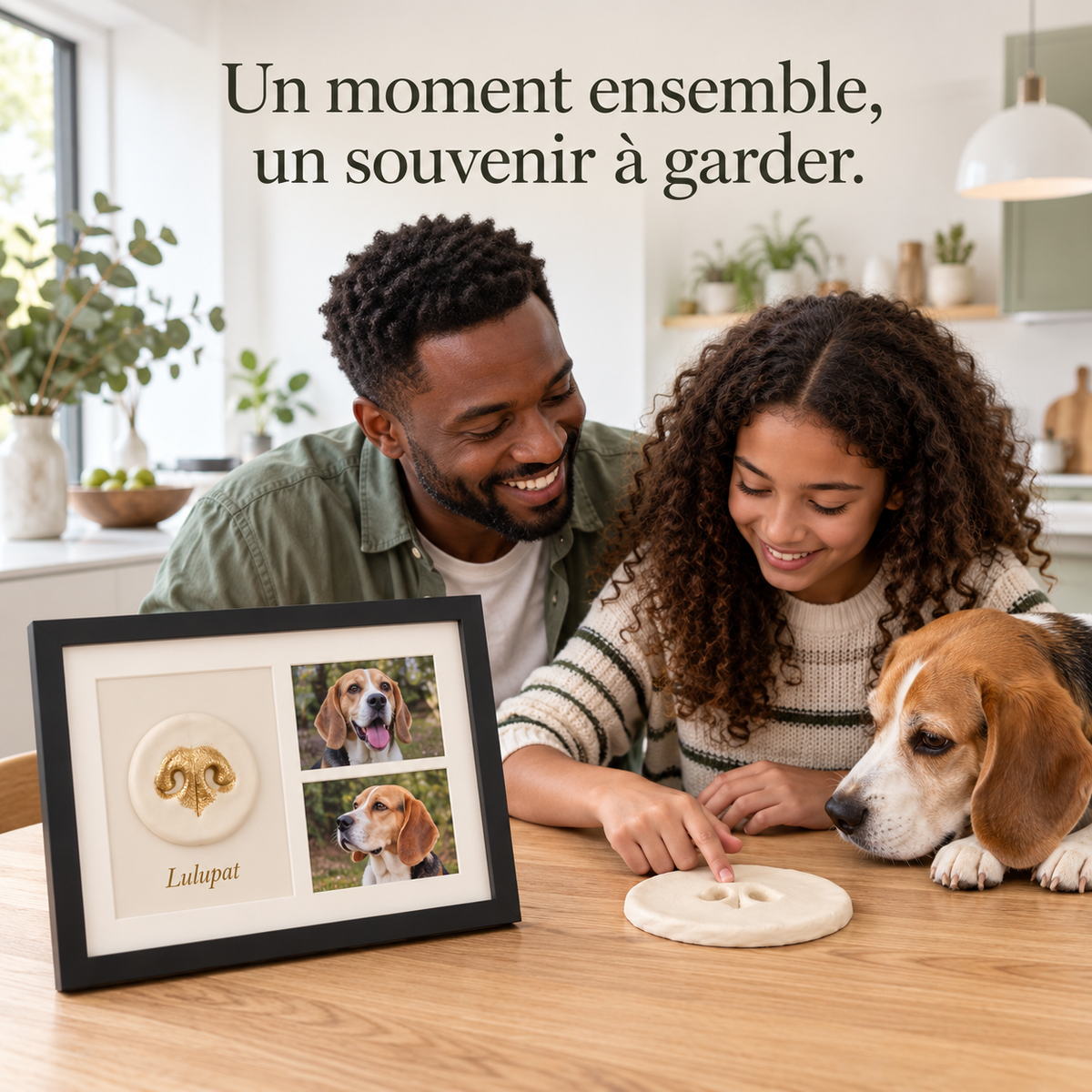 Illustration d’une réalisation du kit empreinte de nez en famille avec un chien