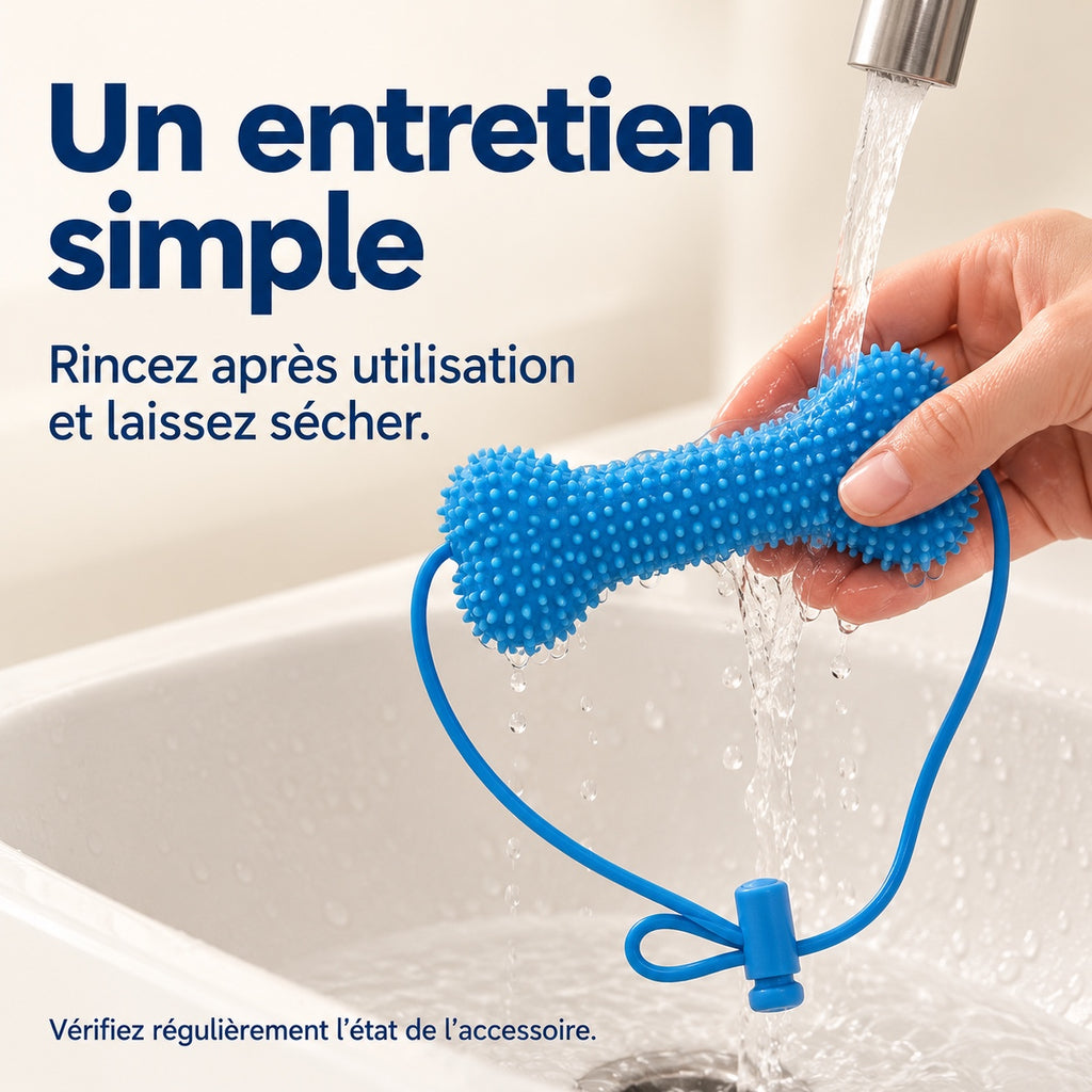 Rinçage de l’accessoire de mastication bleu après utilisation