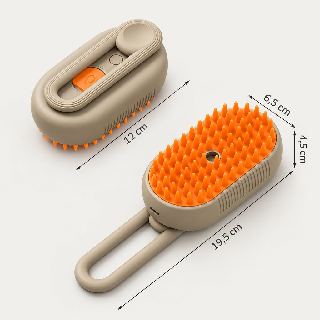 Brosse à brumisation beige avec picots orange, vue de dessus et dimensions annoncées