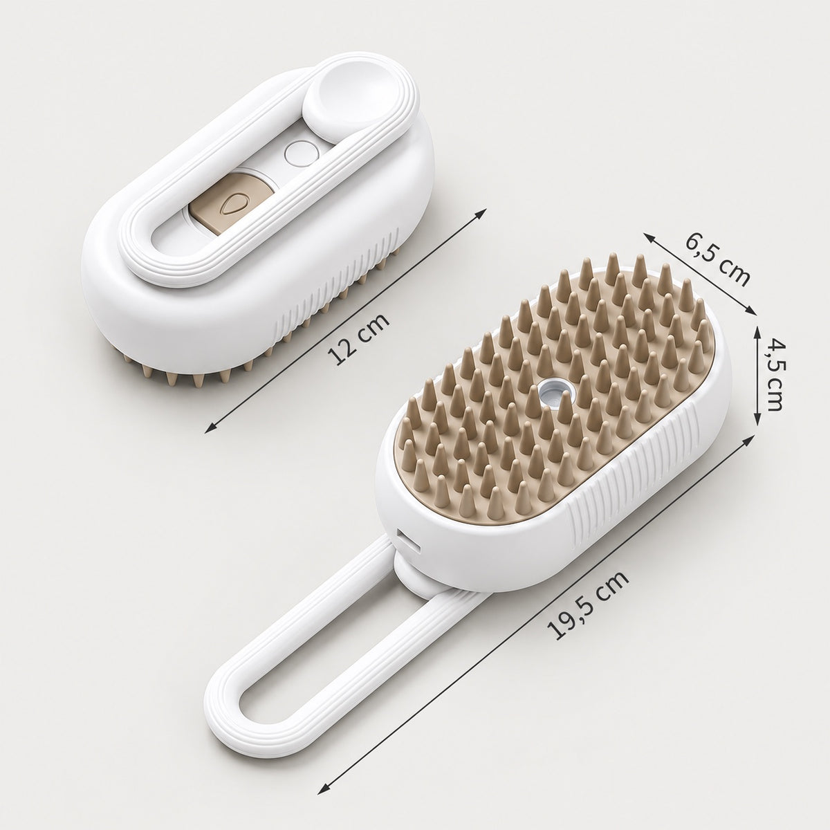 Brosse à brumisation blanche, vue des picots et dimensions annoncées