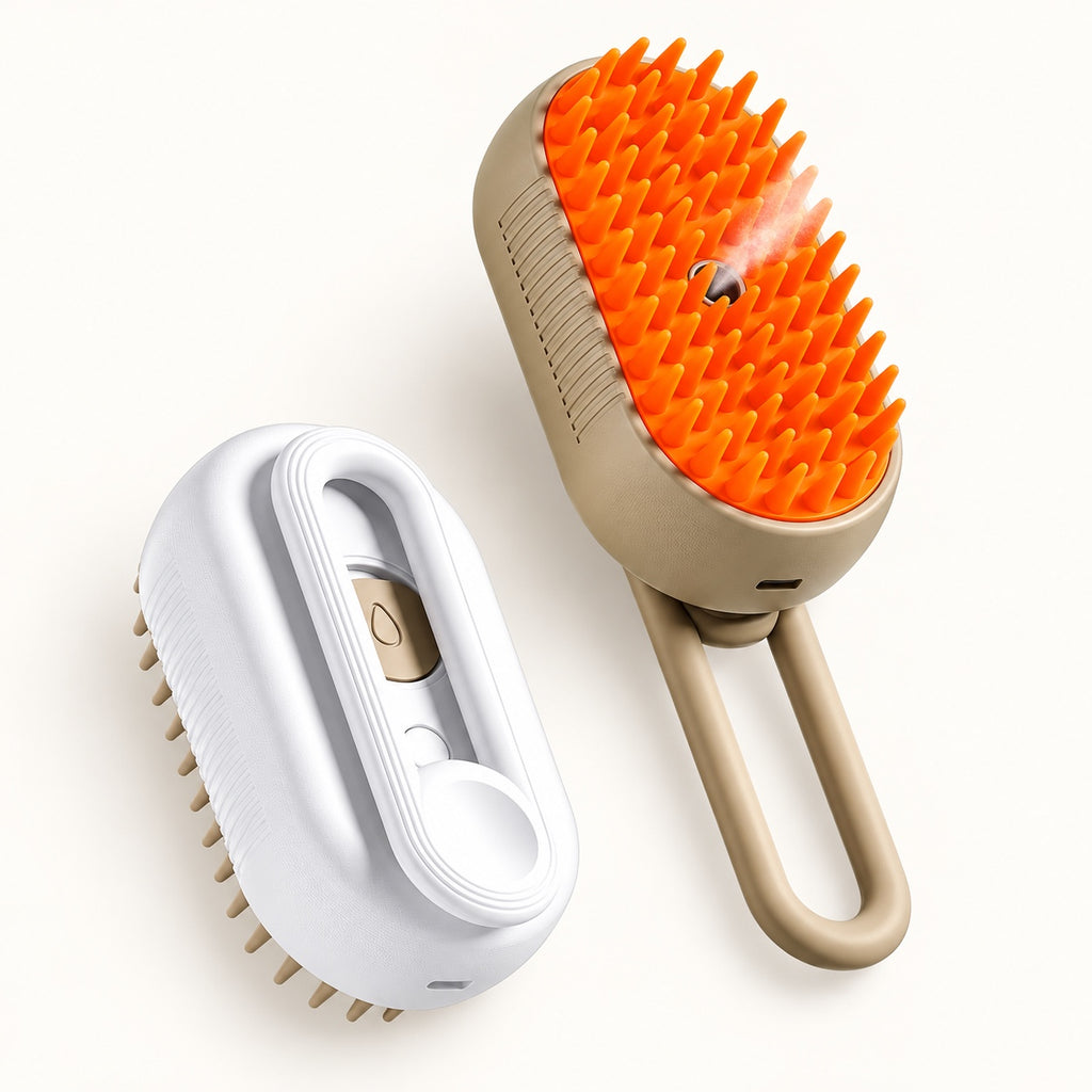 Brosses à brumisation blanche et beige, vue des picots et de la brume