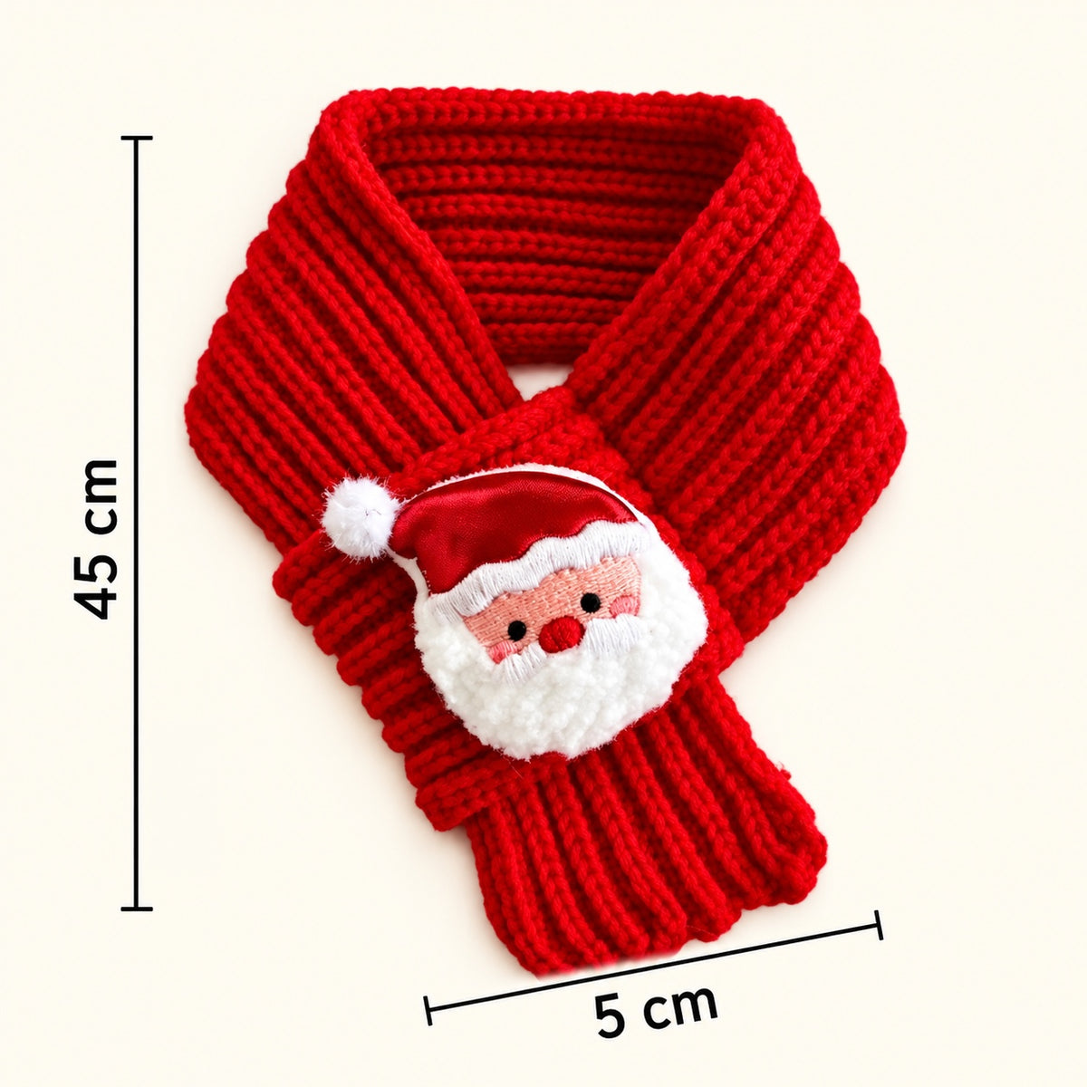 Dimensions de l’écharpe de Noël rouge : longueur totale annoncée de 45 cm et largeur de 5 cm