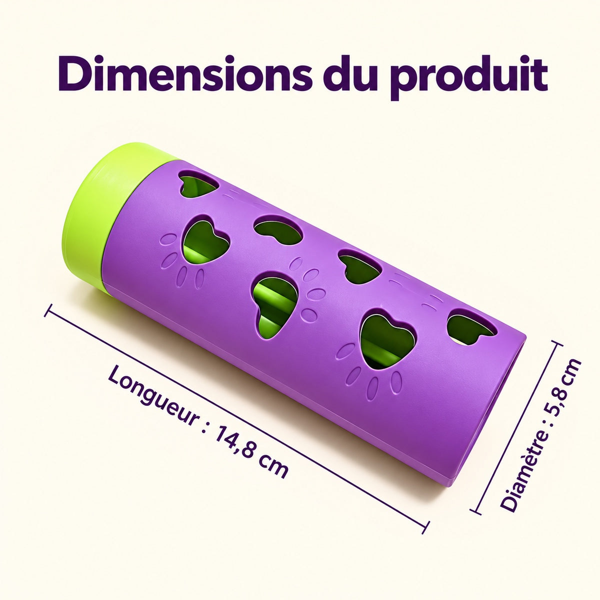 Dimensions annoncées du distributeur de friandises : 14,8 cm de long et 5,8 cm de diamètre