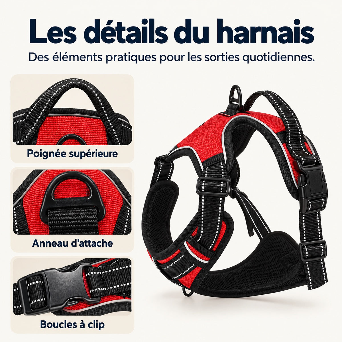 Détails du harnais : poignée, anneau d’attache et boucles à clip