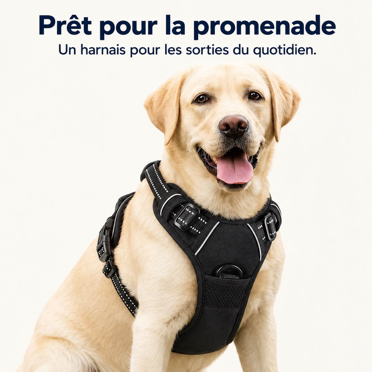 Labrador portant le harnais noir pour la promenade