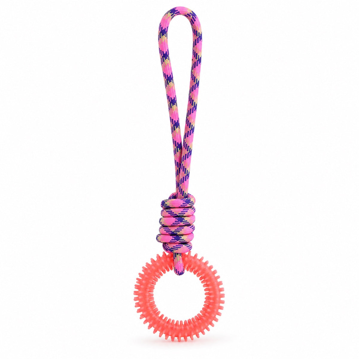 Jouet en corde tressée rose avec boucle et anneau rose à picots