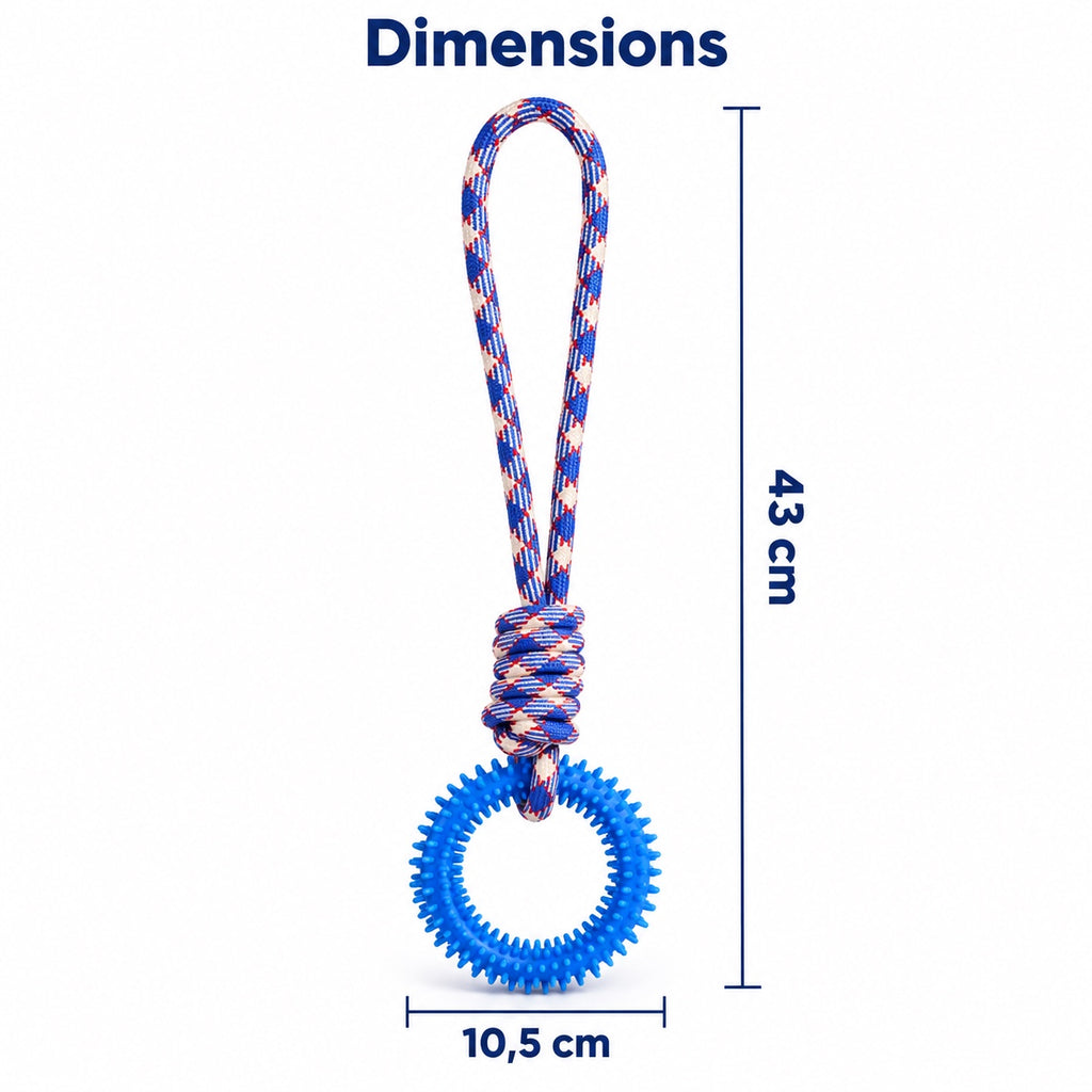 Dimensions du jouet en corde : longueur de 43 cm et anneau de 10,5 cm de large