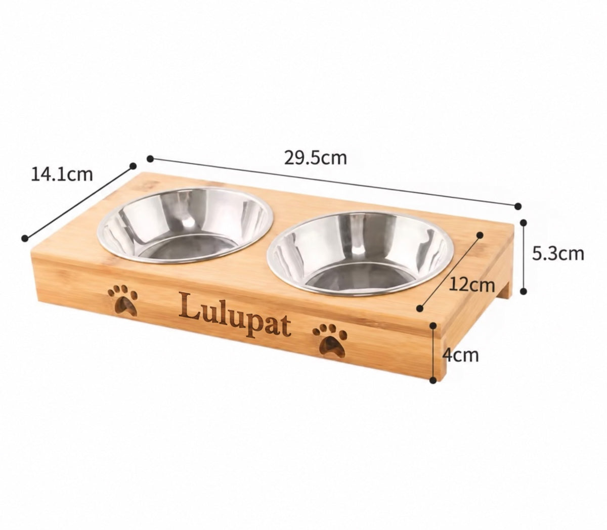 Support en bois gravé Lulupat : 29,5 × 14,1 cm, hauteur totale 5,3 cm, diamètre des bols 12 cm