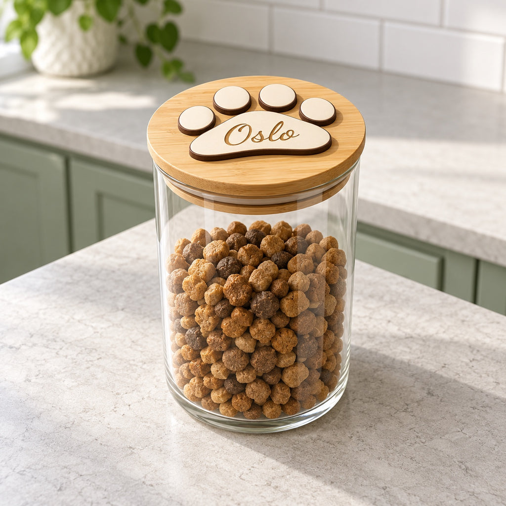 Pot à friandises en verre avec couvercle en bambou et exemple de prénom gravé Oslo