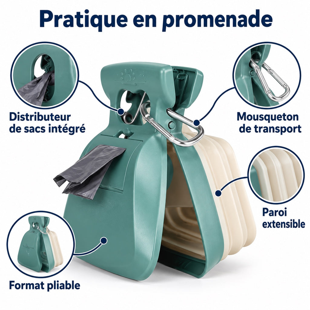 Détails de la pelle à crottes : distributeur de sacs intégré, mousqueton et paroi extensible