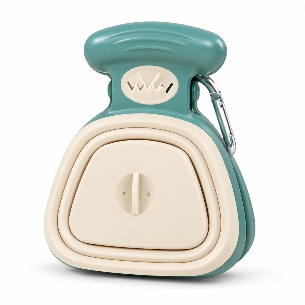Pelle à crottes pliable pour chien, coloris beige et vert, avec mousqueton