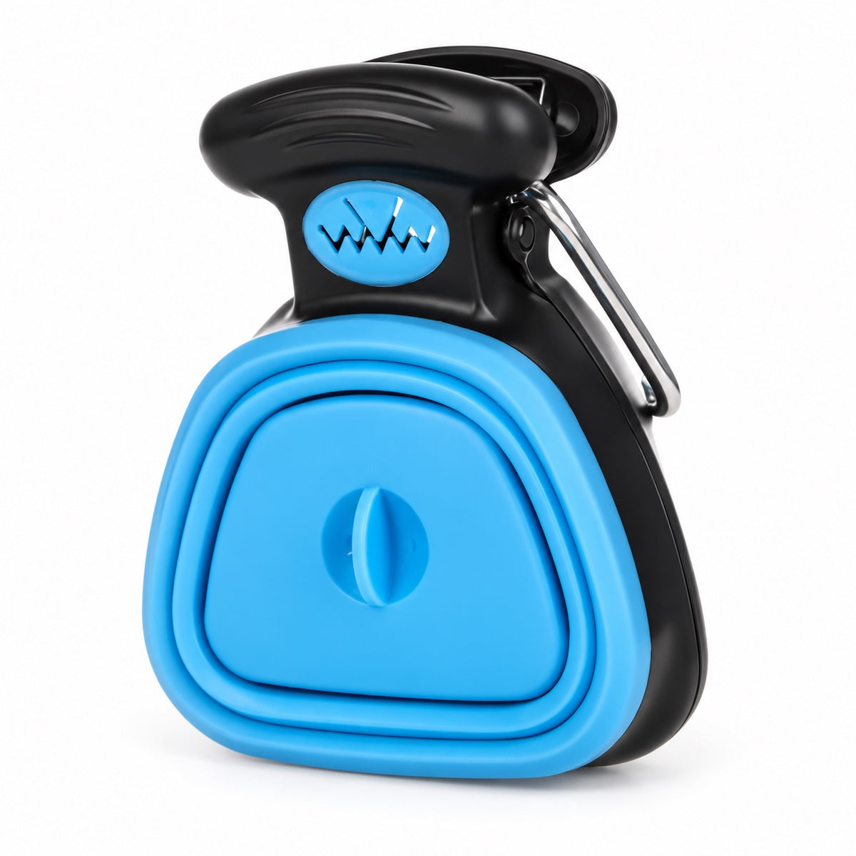 Pelle à crottes pliable pour chien, coloris bleu et noir, avec mousqueton